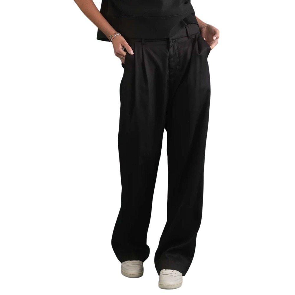 AE77 New York Pants Womens Size 8 Black 100% Linen Pleated Wide Leg Trousers